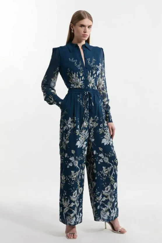 Karen Millen Boarder Print Viscose Piped Woven Shirt Balloon Sleeve Co-ord darknavy New