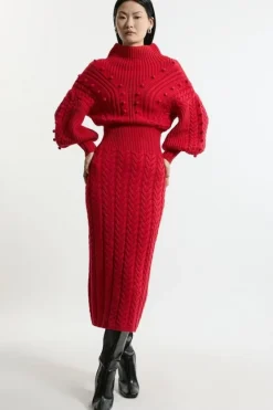 Karen Millen Bobble Detail Balloon Sleeve Cable Knit Viscose Blend Midaxi Dress red Outlet