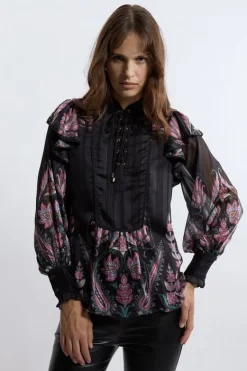 Karen Millen Boho Woven Blouse With Lace Front Detail floral Clearance