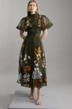 Karen Millen Botanical Embroidery Organdie Angel Sleeve Midi Dress khaki Sale