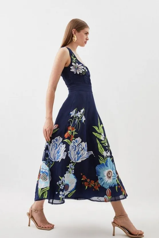 Karen Millen Botanical Embroidery Organdie Strappy Midi Dress navy Online