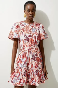 Karen Millen Botanic Printed Cotton Woven Mini Dress red Outlet
