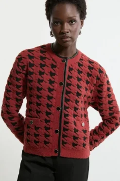 Karen Millen Boucle Jacquard Dogtooth Knit Pu Trim Jacket multi Sale