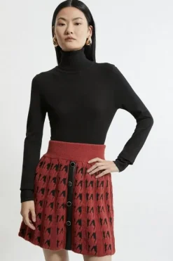 Karen Millen Boucle Knit Dogtooth Jacquard Pu Trim Skater Skirt burgundy New