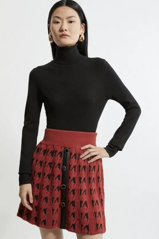 Karen Millen Boucle Knit Dogtooth Jacquard Pu Trim Skater Skirt burgundy New