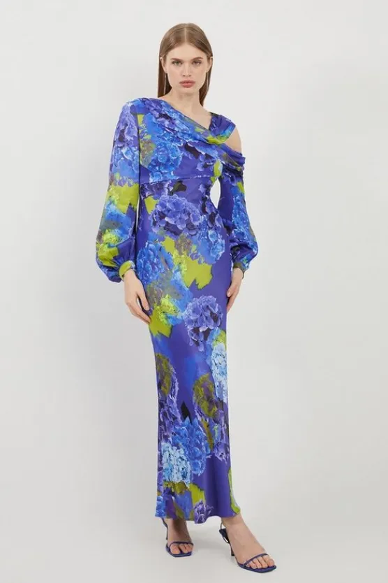 Karen Millen Bright Floral Print Satin Cold Shoulder Draped Midi Dress purple Clearance