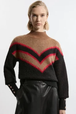 Karen Millen Brushed Jacquard Military Trim Knit Sweater camel Discount