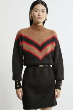 Karen Millen Brushed Jacquard Military Trim Knit Mini Dress camel Online