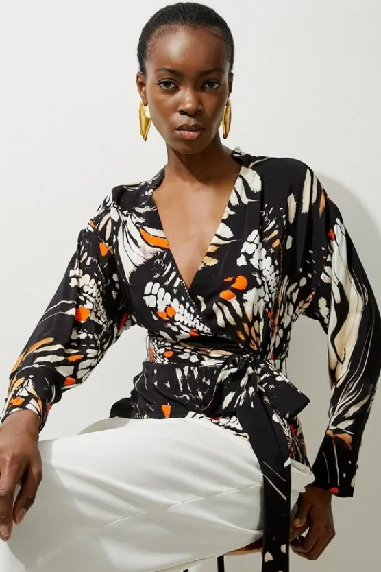 Karen Millen Butterfly Printed Viscose Crepe Twist Front Blouse black Fashion