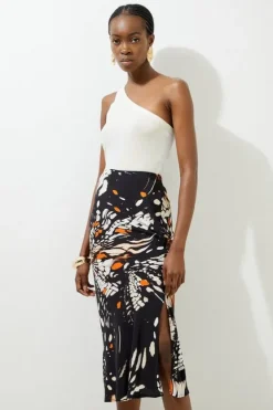 Karen Millen Butterfly Printed Viscose Crepe Woven Maxi Skirt black Discount