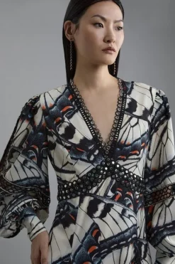 Karen Millen Butterfly Print Lace Insert Trim Woven Midaxi Dress blue Sale
