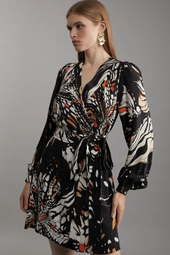 Karen Millen Butterfly Print Viscose Crepe Woven Wrap Mini Dress black Fashion