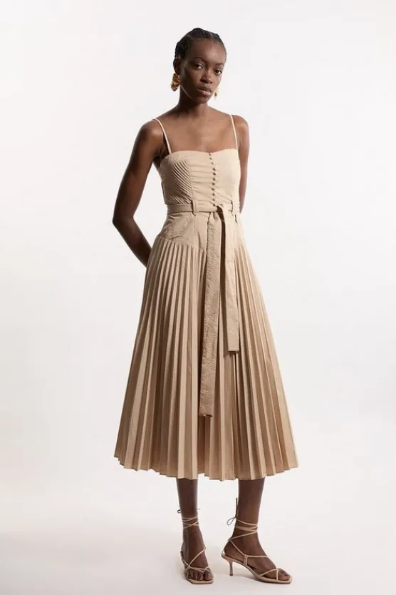 Karen Millen Button Detail Fabric Belt Woven Midi Dress stone Sale