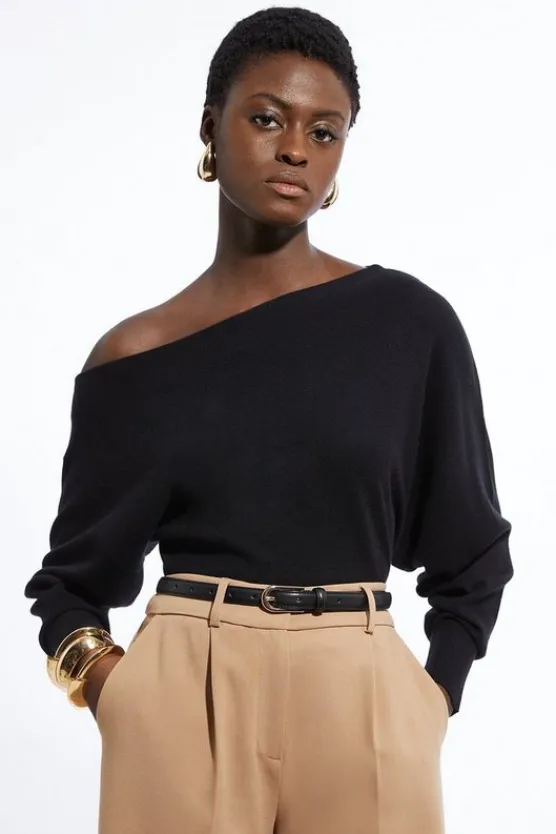 Karen Millen Cashmere Blend Off The Shoulder Knit Top black Hot