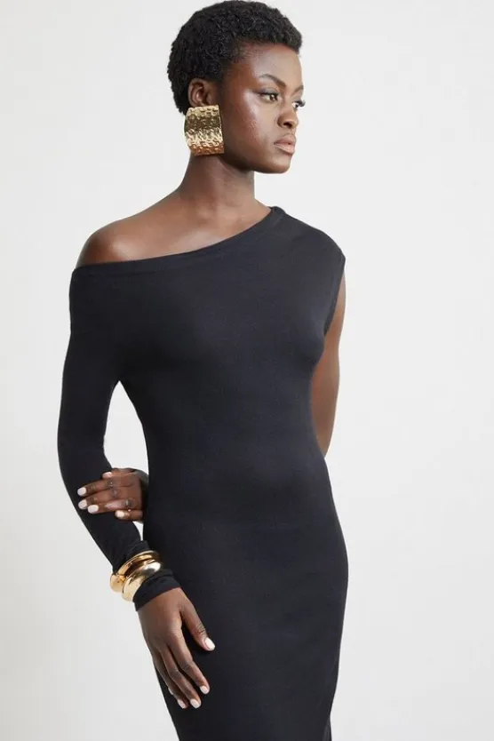 Karen Millen Cashmere Blend One Shoulder Asymmetric Midaxi Dress black Outlet