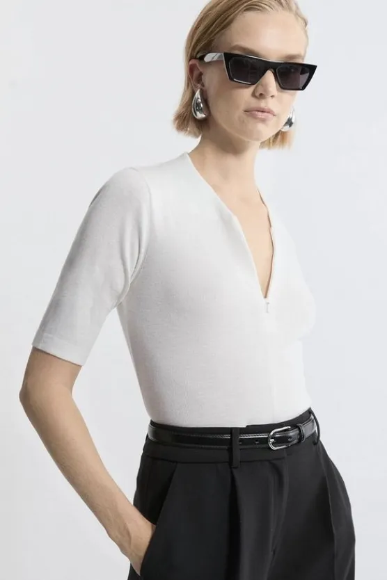 Karen Millen Cashmere Blend Zip Detail Knit Polo Top ivory New