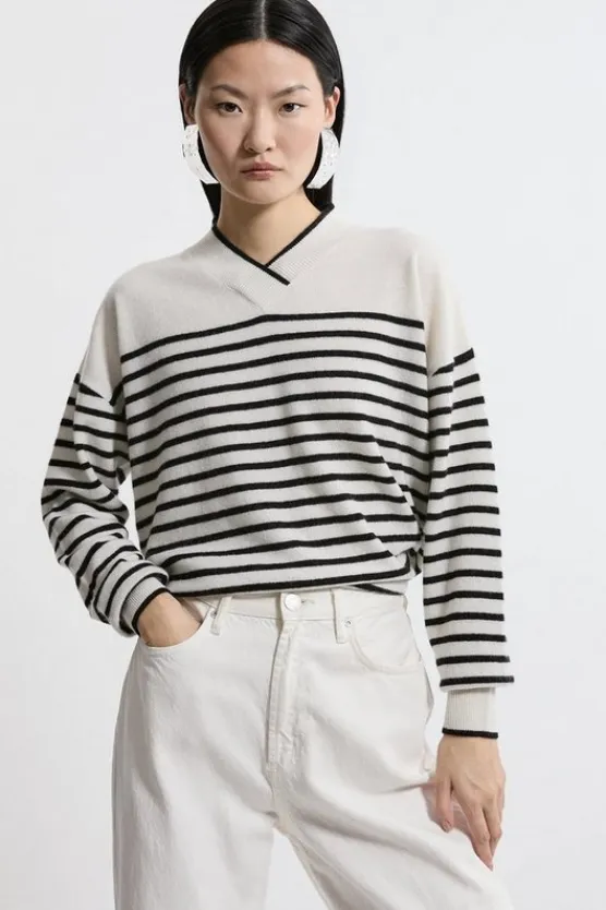 Karen Millen Cashmere Knitted V Neck Contrast Wrap d Sweater stripe Discount