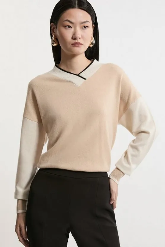 Karen Millen Cashmere Knitted V Neck Contrast Wrap Sweater camel Fashion