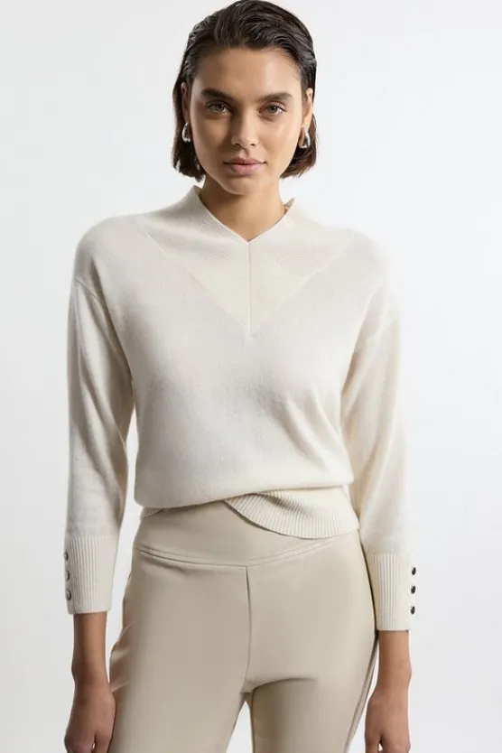 Karen Millen Cashmere Knitted Wide V Neck Sweater ivory Best