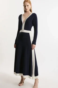 Karen Millen Cashmere Wool V Neck Color Block Dress navy Fashion