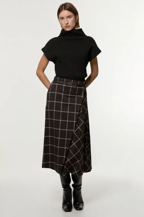 Karen Millen Check Pleated Kilt Belted Midi Skirt brown Online