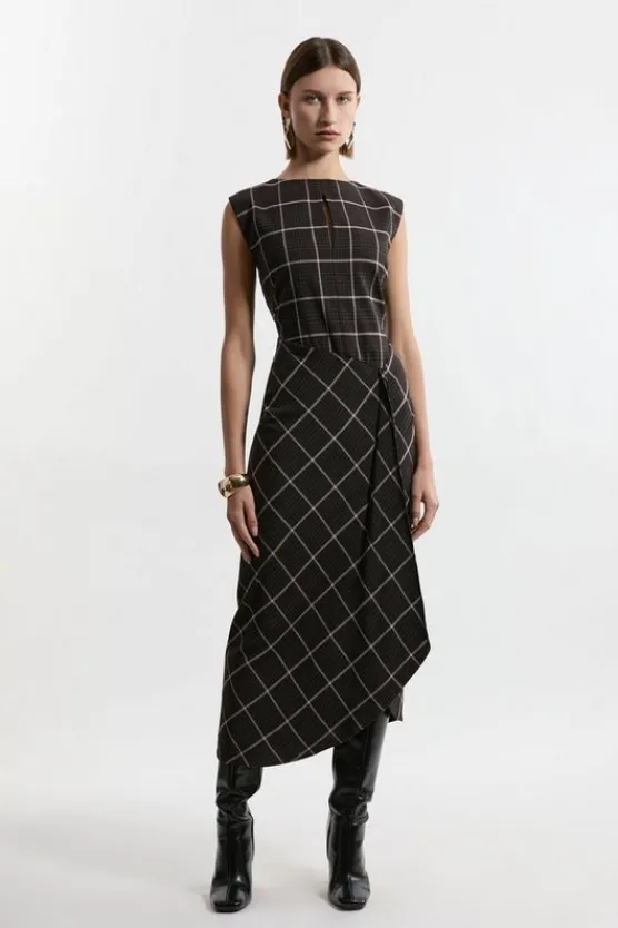 Karen Millen Check Ruffle Tailored Midaxi Dress brown Discount