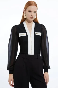 Karen Millen Chiffon Sleeve Zip Through Bandage Knit Top black Sale