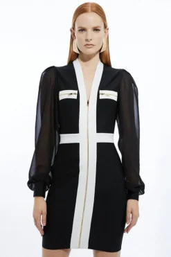 Karen Millen Chiffon Sleeve Zip Through Bandage Knit Midi Dress black Best