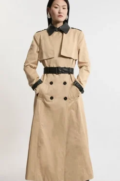 Karen Millen Classic Pu Contrast Belted Trench Coat camel Hot