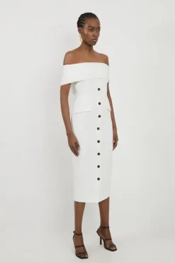 Karen Millen Clean Tailored Off The Shoulder Button Through Midi Dress ivory Best