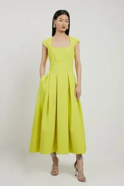 Karen Millen Clean Tailored Square Neck Full Skirted Midi Dress yellow Outlet