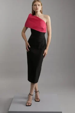 Karen Millen Clean Tailored Taffeta One Shoulder Panel Midi Dress black Clearance