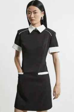 Karen Millen Collard Twill Strong Shoulder Woven Mini Dress black Discount