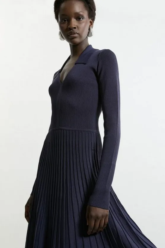 Karen Millen Collared Contrast Color Block Full Skirted Midaxi Knit Dress navy Online
