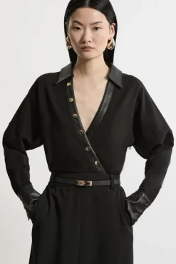 Karen Millen Collared V- Neck Pu And Ponte Bodysuit black Fashion