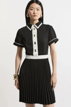 Karen Millen Color Block Twill Pleat Skirt Woven Mini Dress black Hot
