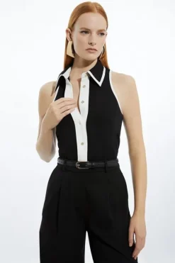 Karen Millen Color Block Twill Woven Sleeveless Blouse black Outlet