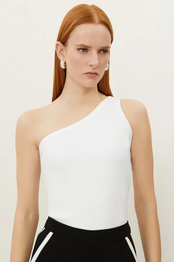 Karen Millen Compact Jersey Rib Asymmetrical Top white New