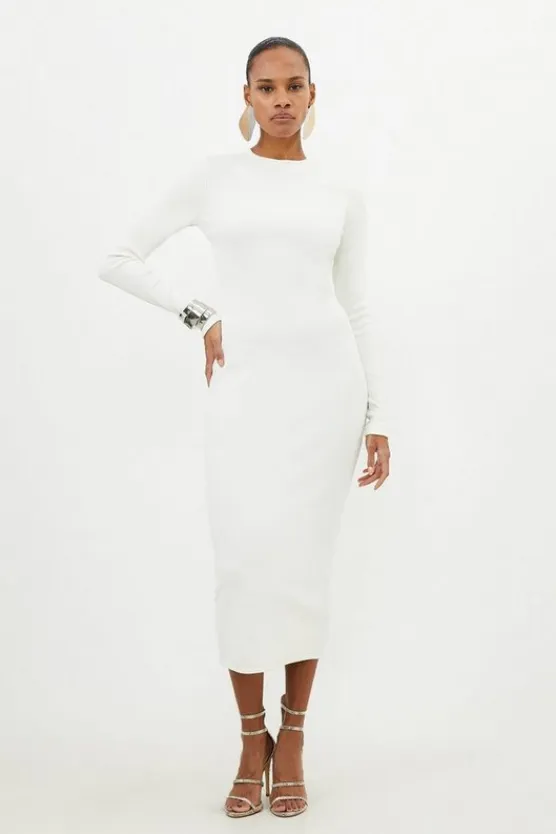 Karen Millen Compact Jersey Ribbed Midi Dress ivory Best