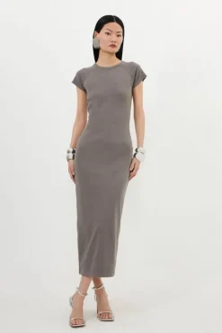 Karen Millen Compact Jersey Rib Cap Sleeve Maxi Dress charcoal Fashion