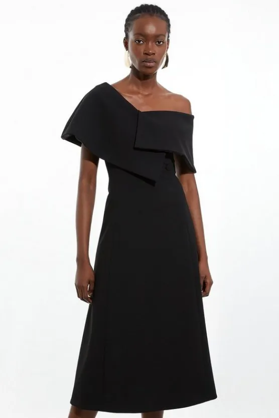 Karen Millen Compact Stretch Asymmetric Collar Tailored Full Skirt Maxi Dress black Hot