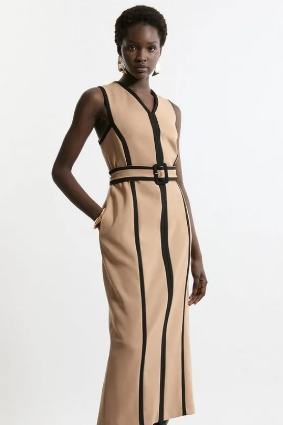 Karen Millen Compact Stretch Belted Sleeveless Tailored Midi Dress camel Outlet