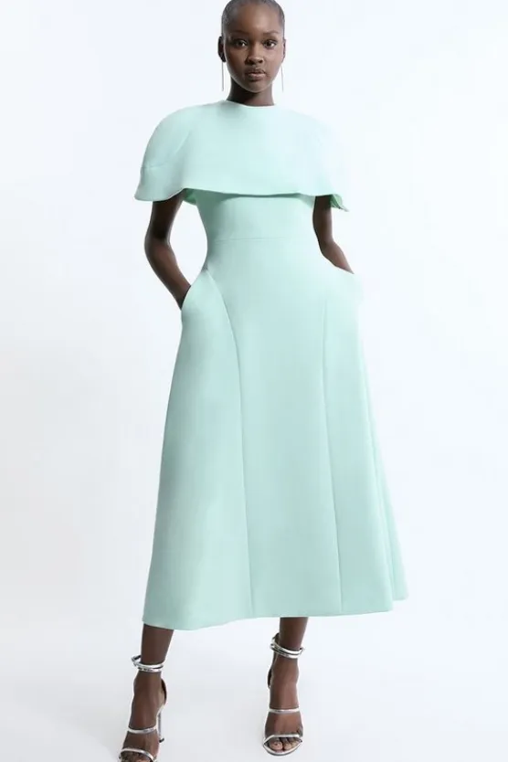 Karen Millen Compact Stretch Cape Sleeve Full Skirt Tailored Midaxi Dress mint Hot