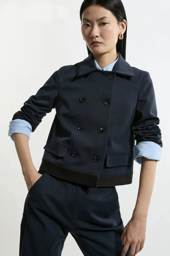 Karen Millen Compact Stretch Collared Double Breasted Grosgrain Blazer Jacket navy Outlet