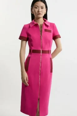 Karen Millen Compact Stretch Color Block Grosgrain Zip Tailored Midi Dress pink Fashion