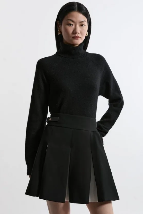 Karen Millen Compact Stretch Color Block Pleated Tailored Mini Skirt black Hot