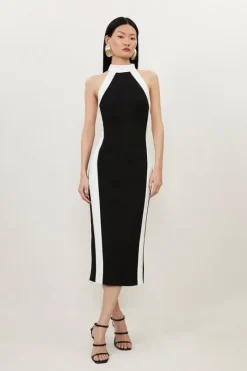 Karen Millen Compact Stretch Contrast Halter Neck Tailored Midi Dress black Fashion