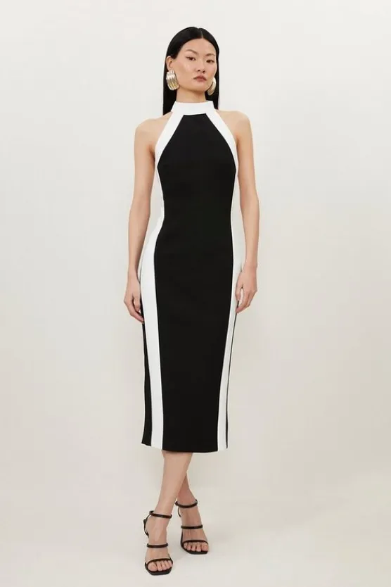 Karen Millen Compact Stretch Contrast Halter Neck Tailored Midi Dress black Fashion