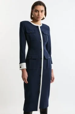 Karen Millen Compact Stretch Contrast Tipped Tailored Maxi Dress navy Best