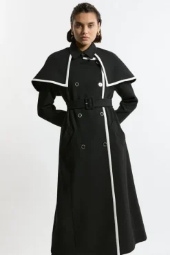 Karen Millen Compact Stretch Contrast Tipped Cape Trench Tailored Midi Coat black Discount